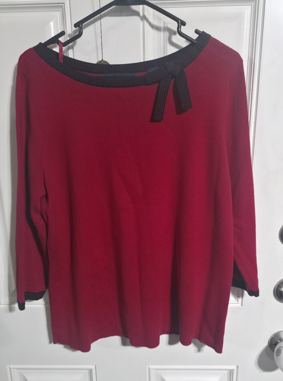 Karen Scott Red/Black Cotton Knit Bow Boat Neck 3/4 Sleeve Pullover Sweater XL